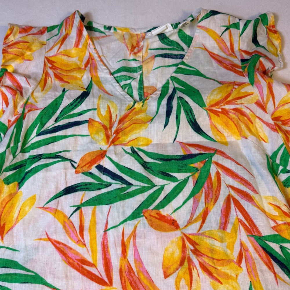 Nicole Miller Linen Tropical Floral Shift Dress S White Yellow Flutter Sleeve - Picture 11 of 15